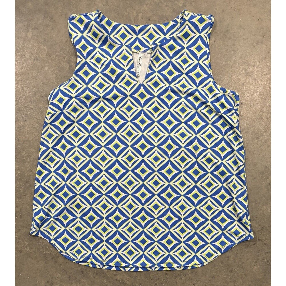 Lulu B Top Womens Large Blue Green Diamond Geometric Trellis Sleeveless